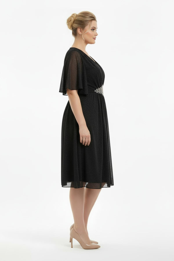 Plus - Size Glittertule Midi - Jurk Met Steenversierde Taille – Zwart