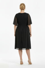 Plus - Size Glittertule Midi - Jurk Met Steenversierde Taille – Zwart