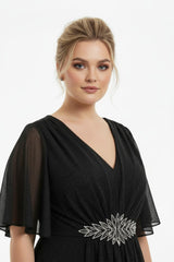 Plus - Size Glittertule Midi - Jurk Met Steenversierde Taille – Zwart
