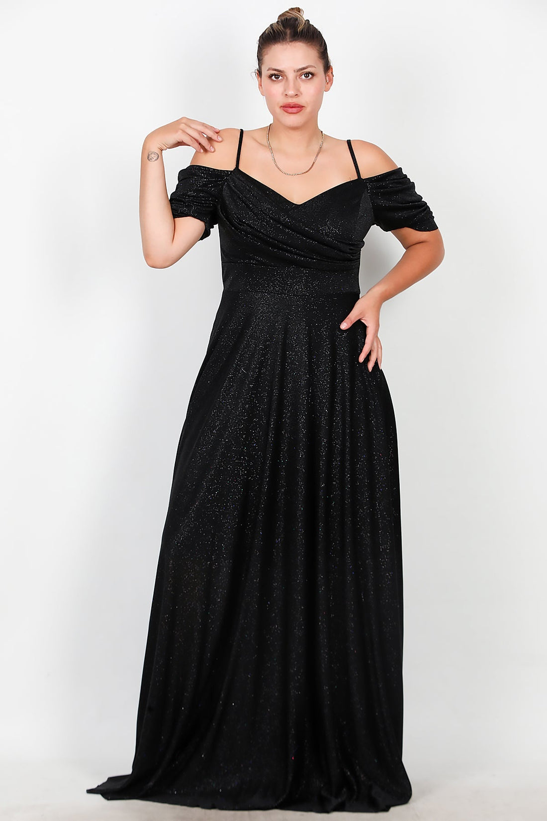 Große Größen Schulterfreies, Langes Glitzer - Abendkleid – Schwarz