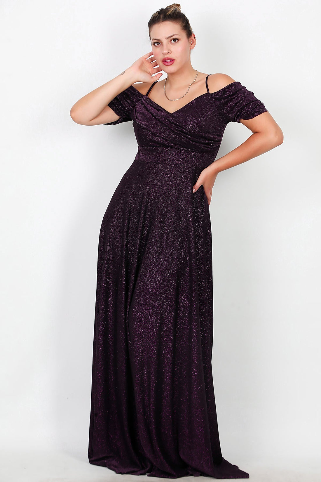 Große Größen Schulterfreies Glitzer - Abendkleid, Lang — Violett