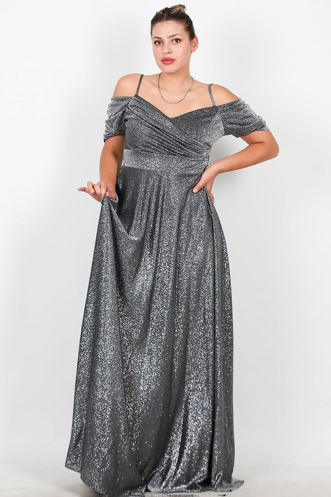 Plus - Size Off - Shoulder Sparkle Maxi Dress — Silver