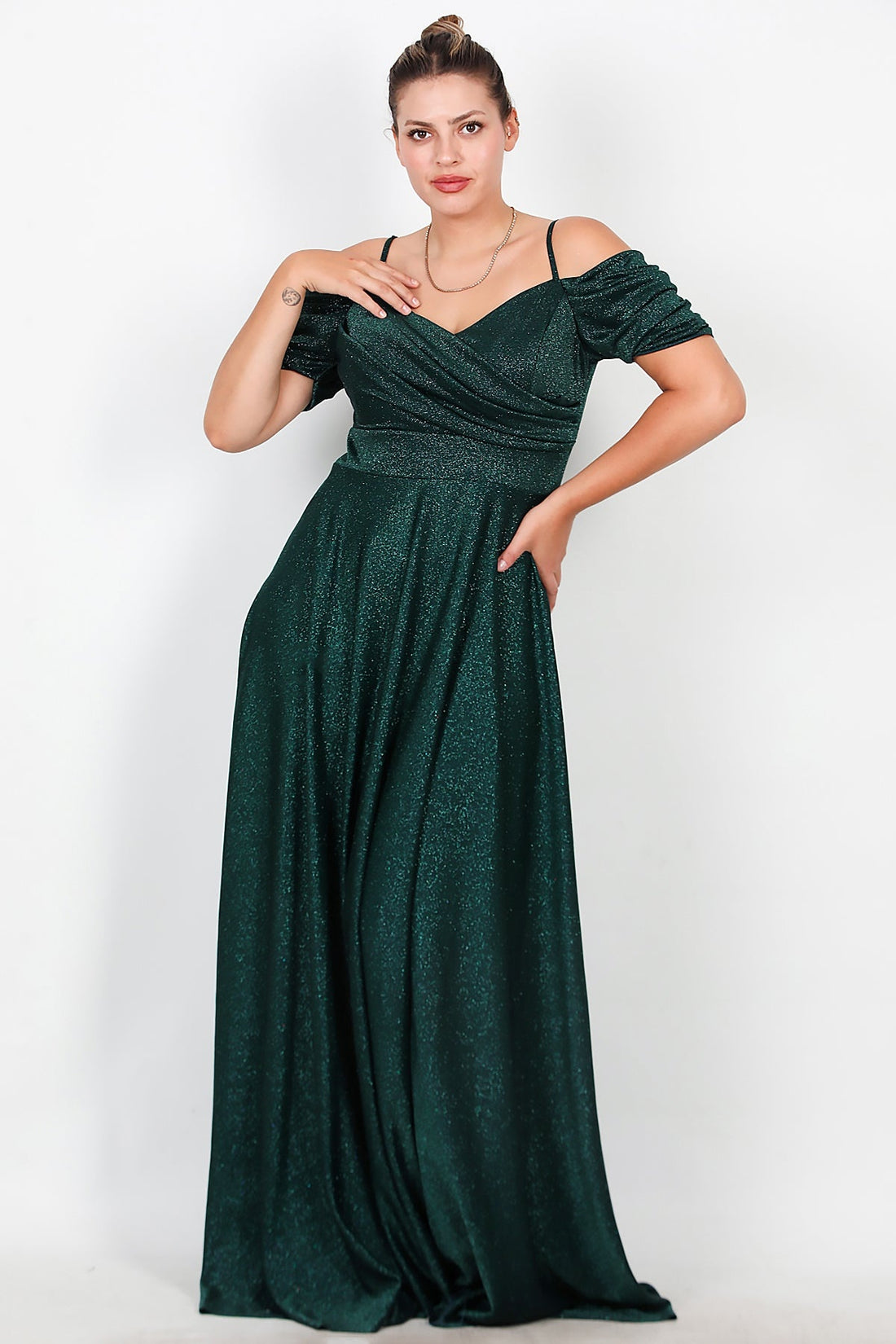 Große Größen Schulterfreies Glitzer - Abendkleid, Lang — Smaragd
