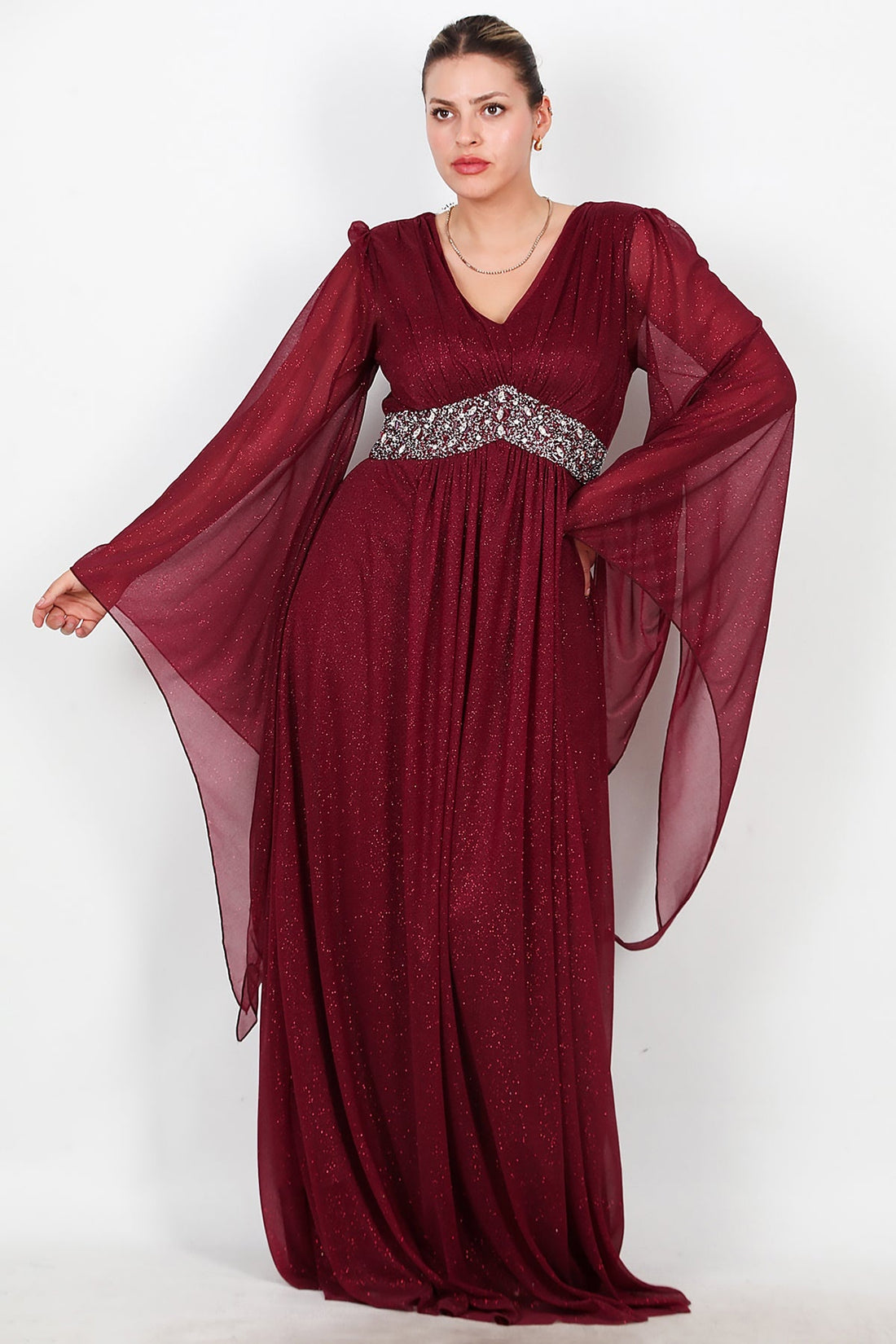 Plus - Size Lange Glitter - Avondjurk Met Tailleversiering — Bordeaux