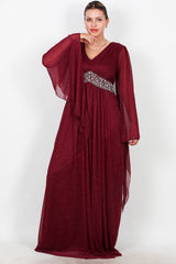 Plus - Size Lange Glitter - Avondjurk Met Tailleversiering — Bordeaux