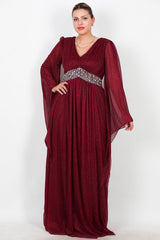 Plus - Size Lange Glitter - Avondjurk Met Tailleversiering — Bordeaux