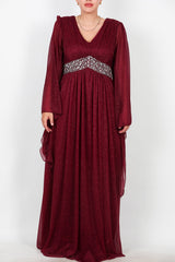 Plus - Size Lange Glitter - Avondjurk Met Tailleversiering — Bordeaux