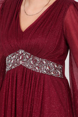Plus - Size Lange Glitter - Avondjurk Met Tailleversiering — Bordeaux