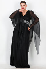Plus - Size Lange Glitter - Avondjurk Met Tailleversiering — Zwart
