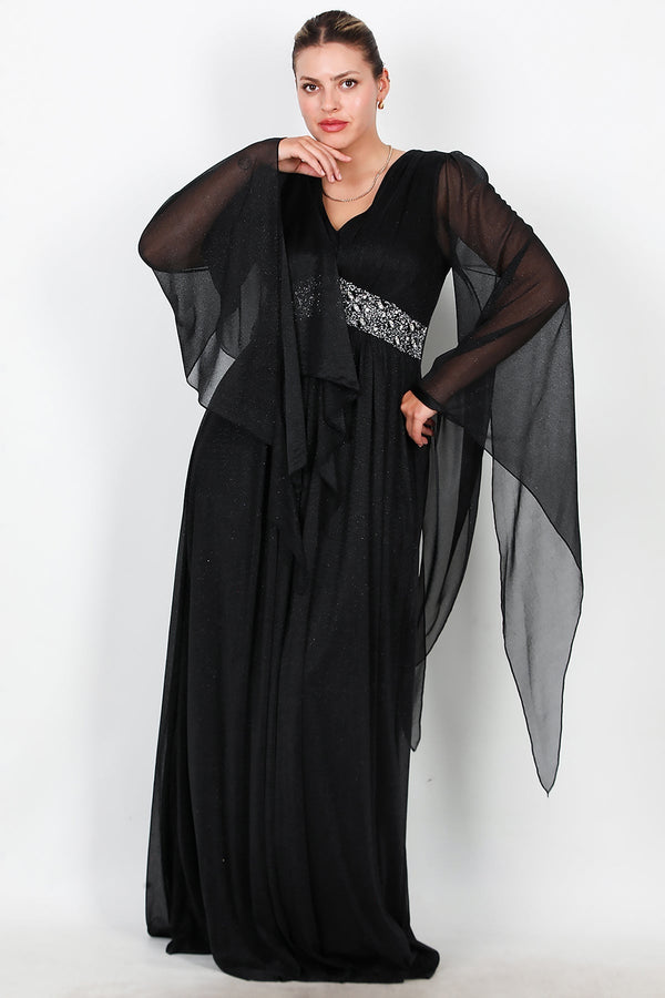 Plus - Size Lange Glitter - Avondjurk Met Tailleversiering — Zwart