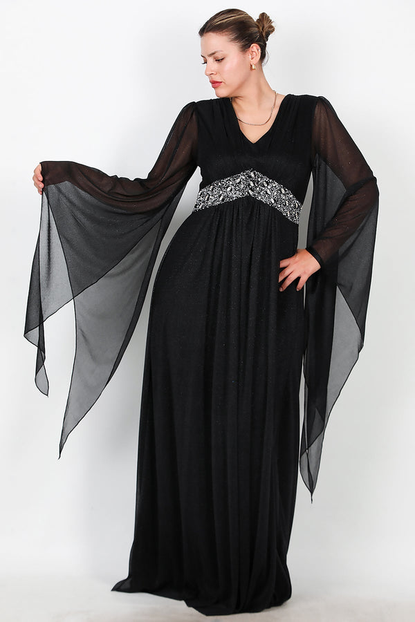Plus - Size Lange Glitter - Avondjurk Met Tailleversiering — Zwart