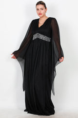 Plus - Size Lange Glitter - Avondjurk Met Tailleversiering — Zwart