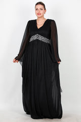 Plus - Size Lange Glitter - Avondjurk Met Tailleversiering — Zwart
