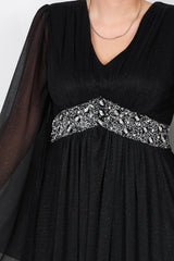 Plus - Size Lange Glitter - Avondjurk Met Tailleversiering — Zwart