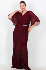 Langes Abendkleid Große Größen Mit Chiffon - Oberteil Und Taillen - Steinbesatz – Bordeaux