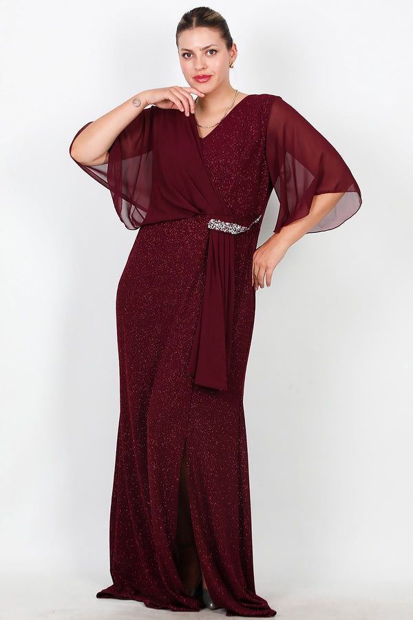 Plus - Size Lange Avondjurk Met Chiffon Bovenstuk En Taille Met Steenbesatz – Bordeaux