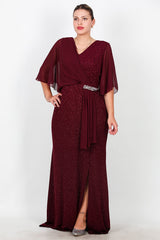 Langes Abendkleid Große Größen Mit Chiffon - Oberteil Und Taillen - Steinbesatz – Bordeaux