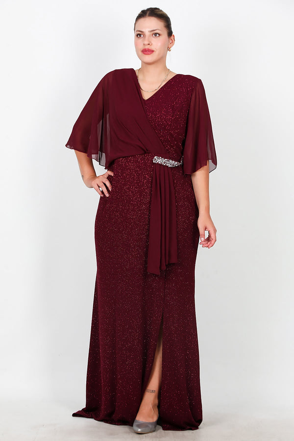 Plus - Size Lange Avondjurk Met Chiffon Bovenstuk En Taille Met Steenbesatz – Bordeaux