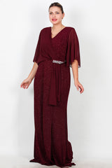 Langes Abendkleid Große Größen Mit Chiffon - Oberteil Und Taillen - Steinbesatz – Bordeaux