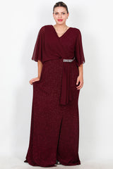 Langes Abendkleid Große Größen Mit Chiffon - Oberteil Und Taillen - Steinbesatz – Bordeaux