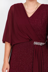 Langes Abendkleid Große Größen Mit Chiffon - Oberteil Und Taillen - Steinbesatz – Bordeaux