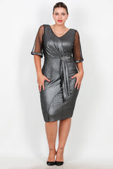 Plus - Size Midi - Avondjurk Met Tulemouwen En Taille - Accessoire – Zilver