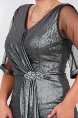 Plus - Size Midi - Avondjurk Met Tulemouwen En Taille - Accessoire – Zilver