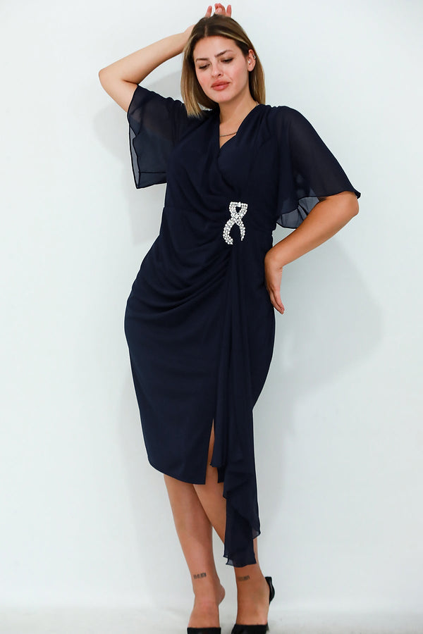 Chiffon Korte Avondjurk In Grote Maten Met Taillering — Marineblauw