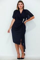 Chiffon Korte Avondjurk In Grote Maten Met Taillering — Marineblauw