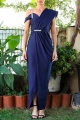 Abendkleid Mit Steinbesatz An Taille Und Brust – Marineblau