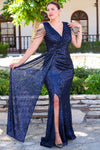 Plus - Size Pailletten - Abendkleid Mit Schulterkette – Marineblau