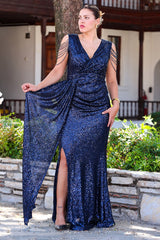 Plus - Size Pailletten - Abendkleid Mit Schulterkette – Marineblau