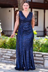 Plus - Size Pailletten - Abendkleid Mit Schulterkette – Marineblau