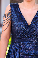 Plus - Size Pailletten - Abendkleid Mit Schulterkette – Marineblau
