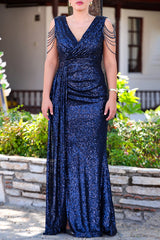 Plus - Size Pailletten - Abendkleid Mit Schulterkette – Marineblau