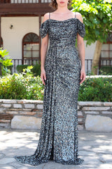 Schulterfreies Pailletten - Abendkleid – Grau