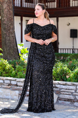 Plus - Size Long Off - Shoulder Sequin Gown — Black