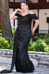 Plus - Size Long Off - Shoulder Sequin Gown — Black
