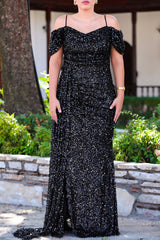 Plus - Size Long Off - Shoulder Sequin Gown — Black