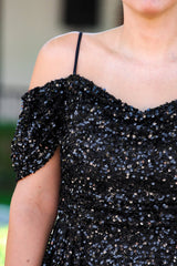 Plus - Size Long Off - Shoulder Sequin Gown — Black