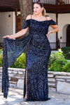Plus - Size Off - Shoulder Sequin Evening Dress — Navy