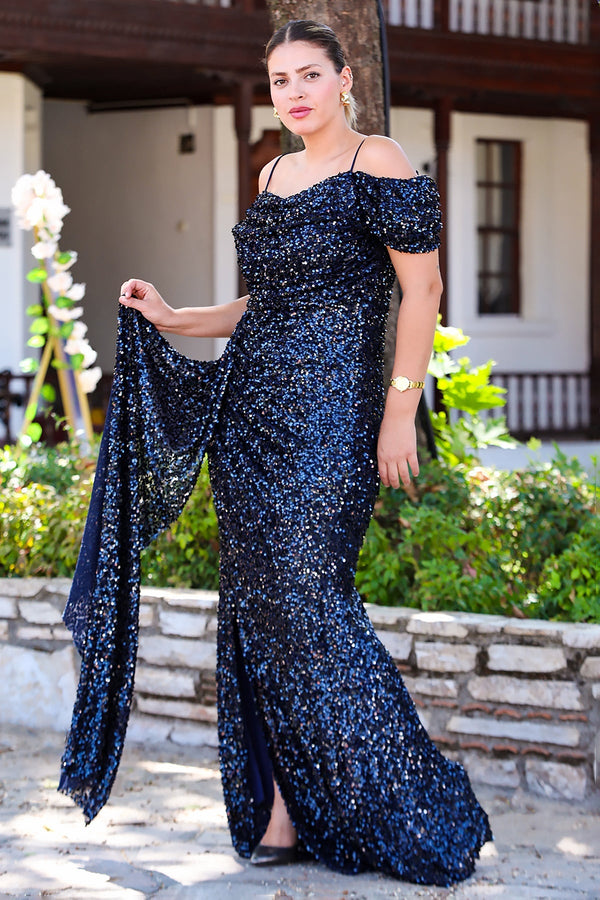 Plus - Size Off - Shoulder Sequin Evening Dress — Navy