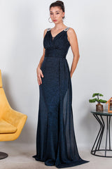 Glänzendes Maxikleid Mit Schulterdetail — Marineblau