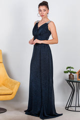 Glänzendes Maxikleid Mit Schulterdetail — Marineblau