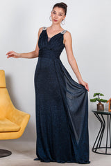Glänzendes Maxikleid Mit Schulterdetail — Marineblau