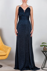 Glänzendes Maxikleid Mit Schulterdetail — Marineblau