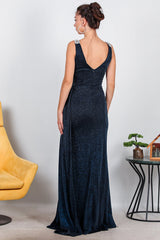 Glänzendes Maxikleid Mit Schulterdetail — Marineblau