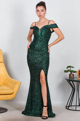 Langes Pailletten - Abendkleid Mit Satinkragen – Smaragd