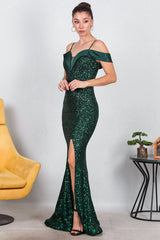 Langes Pailletten - Abendkleid Mit Satinkragen – Smaragd