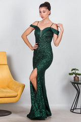 Langes Pailletten - Abendkleid Mit Satinkragen – Smaragd